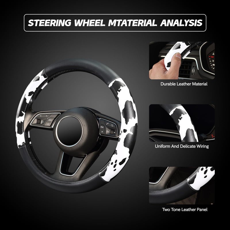 ZHOL Cow Print Steering Wheel Cover, Universal 14.5-15 inch Breathable Microfiber Leather Anti-Slip Car Steering Wheel Protector for Women Men, Black&White - Image 4